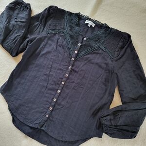 Heartloom Black Long-sleeved Peasent Blouse Women's Size Medium Cotton Button...